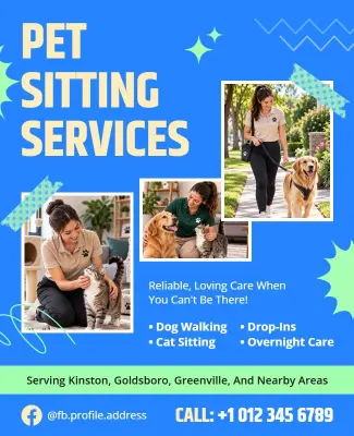 Bright Blue Pet Sitting and Care Services Flyer Template