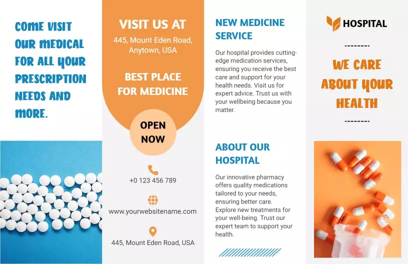 Bright Blue Pharmacy Health Services and Medication Brochure Template