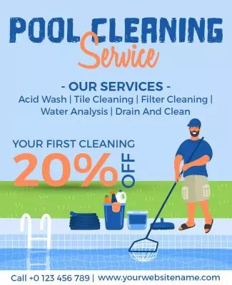 Bright Blue Pool Cleaning Service Discount Offer Poster Template