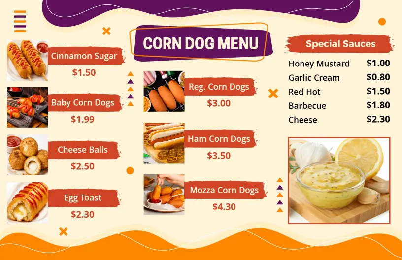 Bright Casual Eatery Corn Dog Variety Menu Template