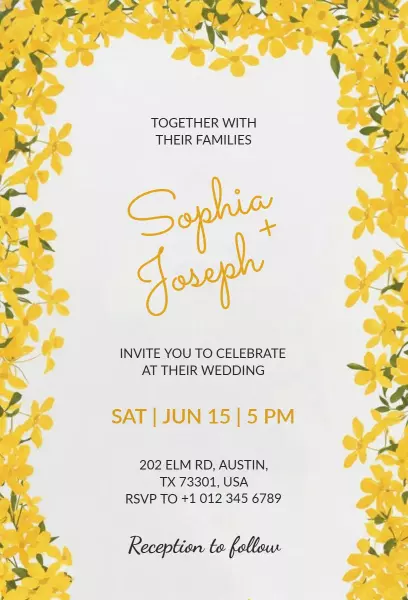 Bright Floral Yellow Wedding Celebration Invitation Template