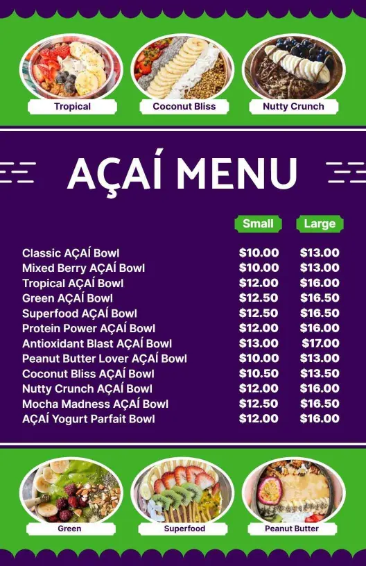 Bright Green and Purple Açaí Bowl Selection Menu Template