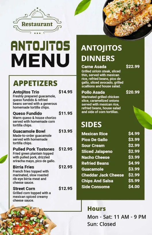 Bright Green Appetizer and Sides Antojitos Menu Template