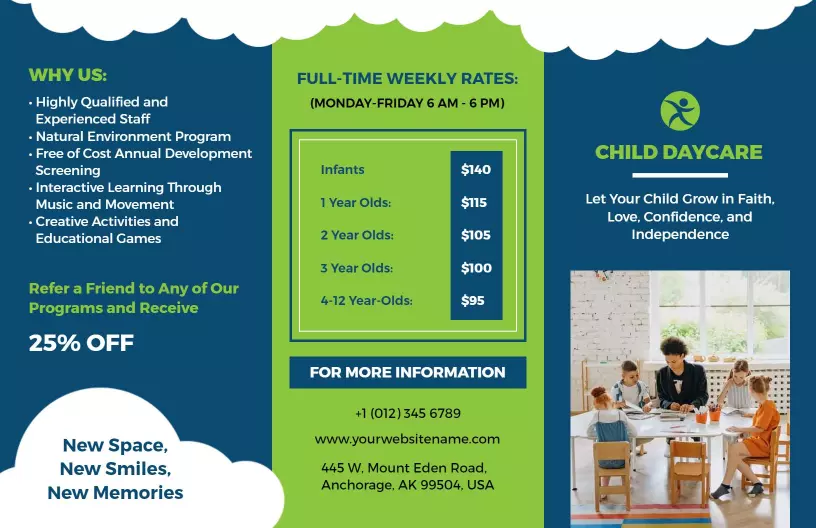 Bright Green Child Daycare Rates and Activities Brochure Template