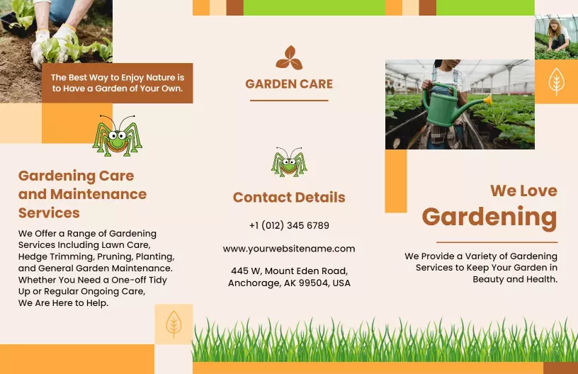 Bright Green Gardening Care and Maintenance Services Brochure Template