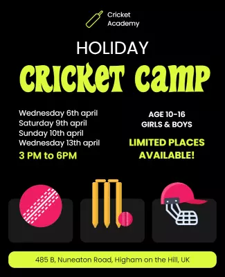 Bright Green Holiday Cricket Camp for Kids Poster Template