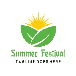Bright Green Leaves with Sun Symbolizing Summer Festival Logo Template