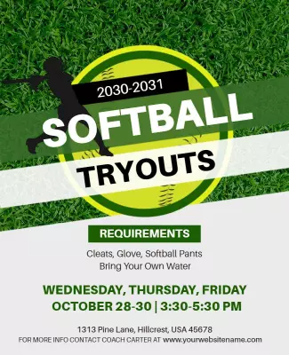 Bright Green Sports Themed Softball Tryouts Poster Template
