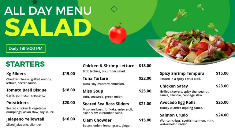 Bright Green Themed All Day Salad Options Menu Template