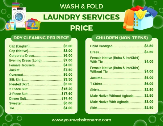 Bright Green Themed Laundry Service Menu Template