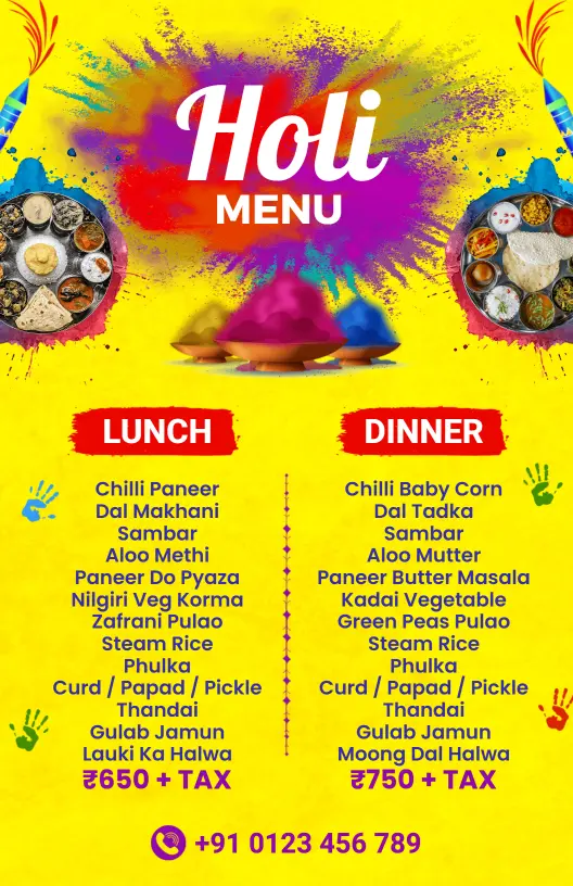 Bright Multicolor Holi Special Lunch and Dinner Menu Template