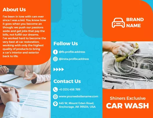 Bright Orange Car Wash Services Interior and Exterior Detail Brochure Template