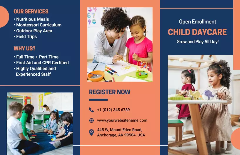 Bright Orange Child Daycare Enrollment Services Brochure Template