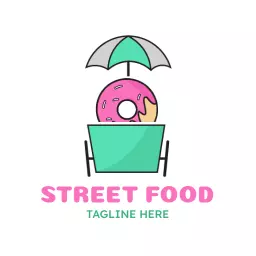 Bright Pink Donut Under Umbrella for Street Food Logo Template