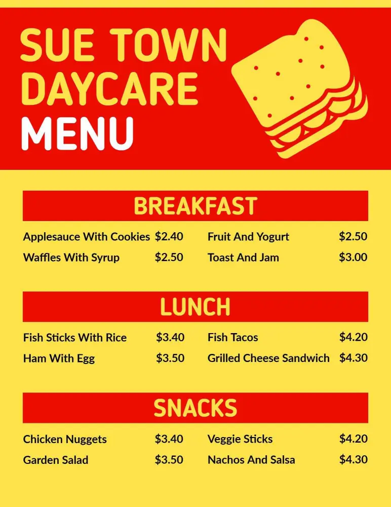 Bright Red and Yellow Kid-Friendly Daycare Meal Menu Template