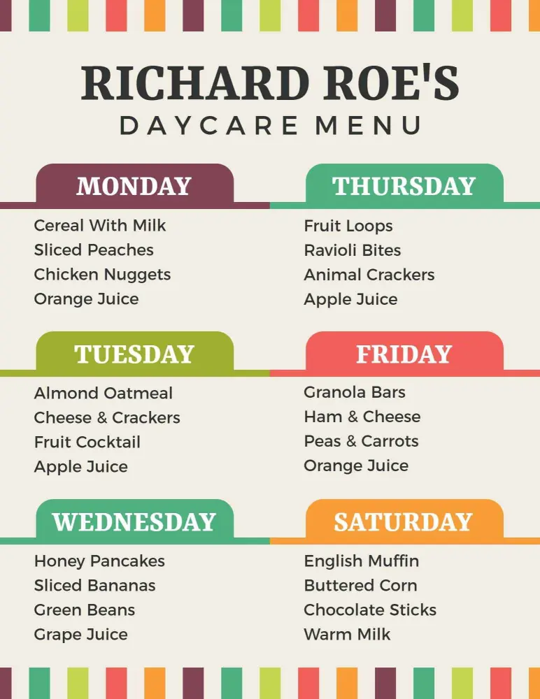 Bright Striped Theme Daycare Center Menu Template