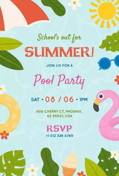 Bright Summer Fun Colorful Pool Party Invitation Template