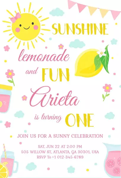 Bright Sunshine Lemonade 1st Birthday Celebration Invitation Template