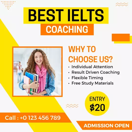 Bright Yellow and Blue IELTS Coaching with Study Materials Ad Template