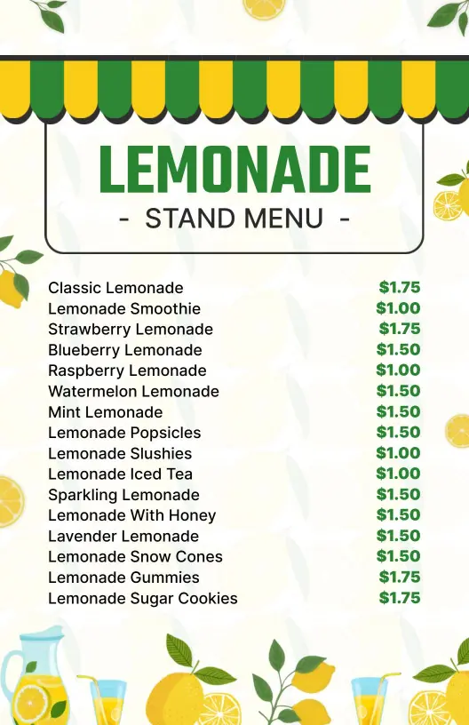 Bright Yellow and Green Lemonade Drinks Stand Menu Template