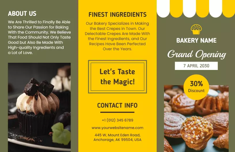 Bright Yellow Bakery Grand Opening and Delectable Treats Brochure Template