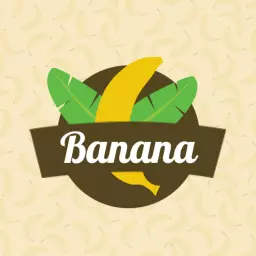 Bright Yellow Banana with Green Leaves Badge Logo Template