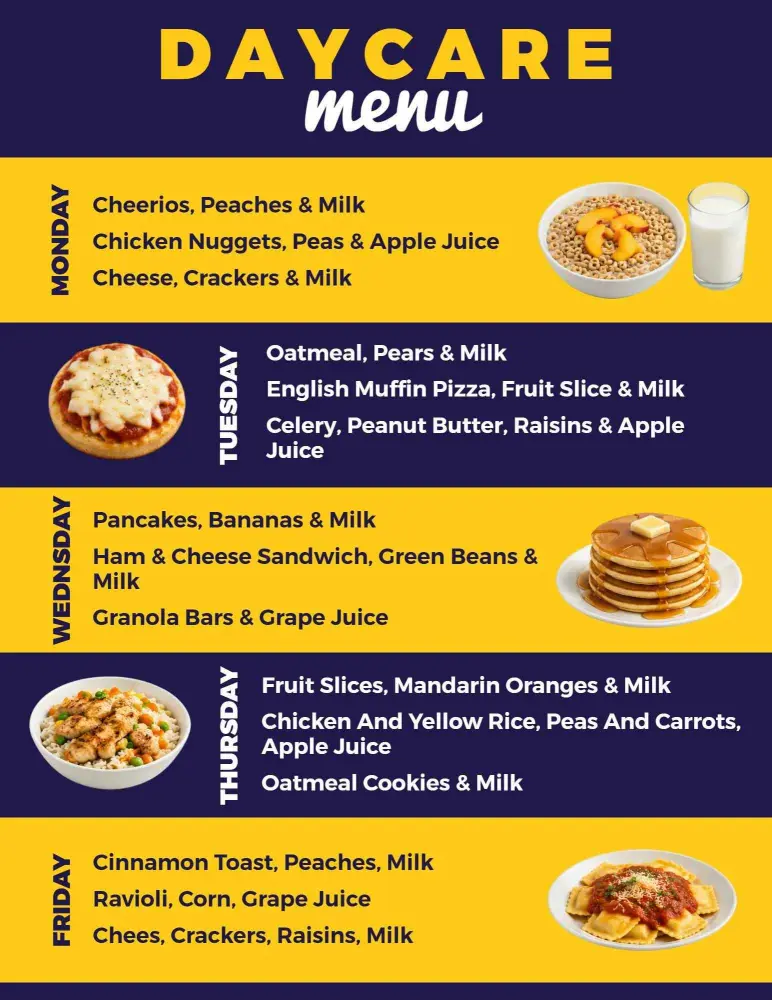 Bright Yellow Breakfast and Lunch Daycare Menu Template