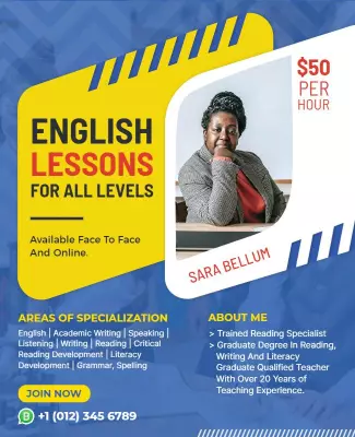 Bright Yellow English Lessons Tutoring Services Poster Template