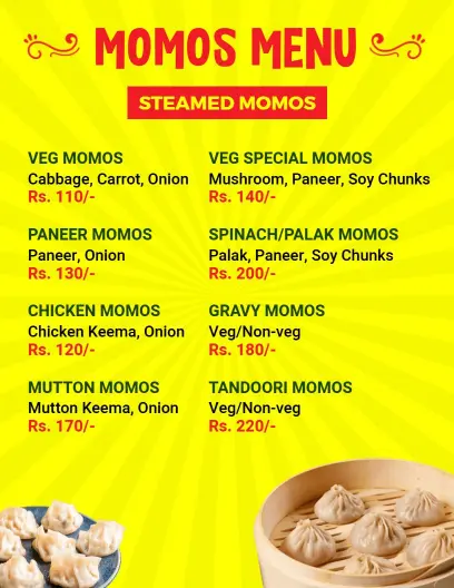 Bright Yellow Gourmet Steamed Momos Menu Template