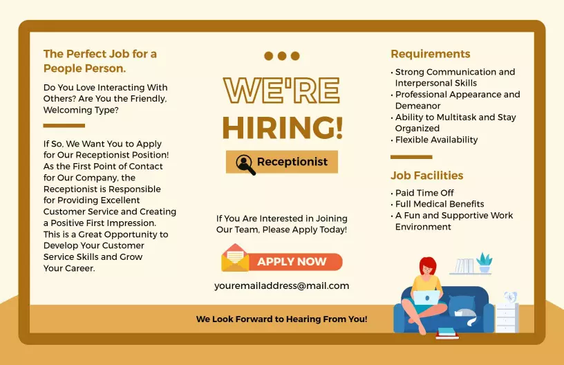 Bright Yellow Hiring Receptionist Job Opportunity Brochure Template
