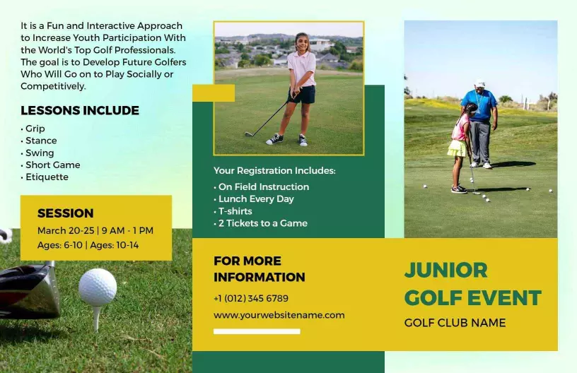 Bright Yellow Junior Golf Event Registration and Lessons Brochure Template
