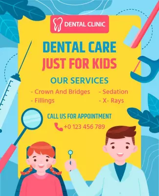 Bright Yellow Kids Dental Care Clinic Services Poster Template