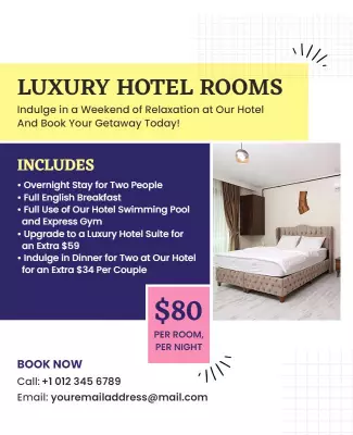 Bright Yellow Luxury Hotel Rooms Getaway Package Poster Template