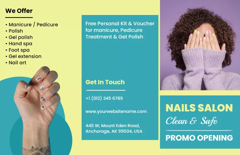Bright Yellow Nail Salon Services and Promotions Brochure Template