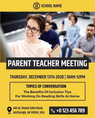 Bright Yellow Parent Teacher Meeting with Discussion Topics Poster Template