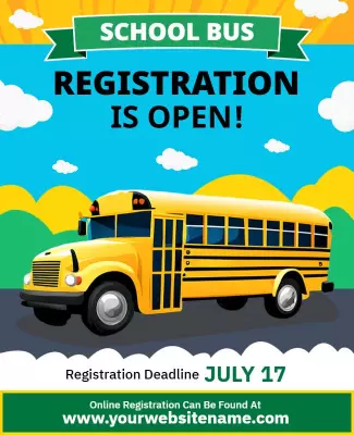 Bright Yellow School Bus Registration Announcement Poster Template