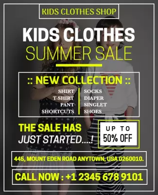 Bright Yellow Summer Sale for Kids Clothes Poster Template