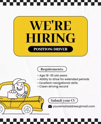 Bright Yellow Taxi Driver Job Hiring Announcement Poster Template