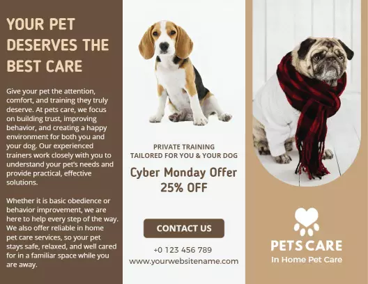 Brown and Cream Pet Care Training and Services Brochure Template