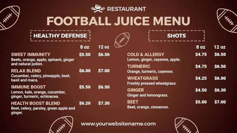 Brown Rustic Football-Themed Juice Selection Menu Template