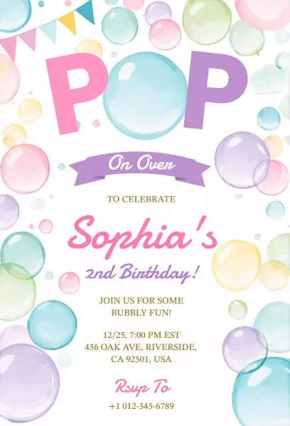 Bubbly Fun Colorful 2nd Birthday Celebration Invitation Template