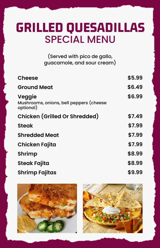 Burgundy Themed Grilled Quesadillas Menu Template