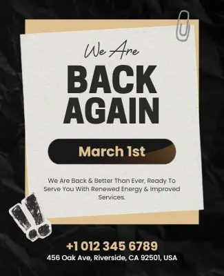 Business Back Again Announcement Flyer Template