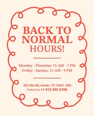 Business Back to Normal Hours Announcement Flyer Template