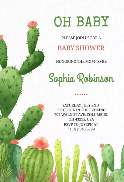Cactus Theme Whimsical Baby Shower Celebration Invitation Template