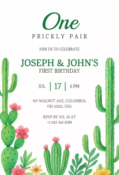 Cactus Themed Twin Boys First Birthday Celebration Invitation Template