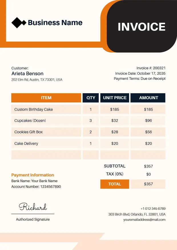 Cake Shop Business Order Invoice Template