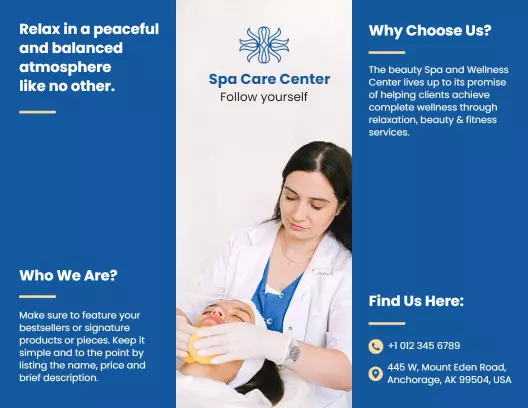 Calming Blue Spa Care Center Wellness and Relaxation Brochure Template