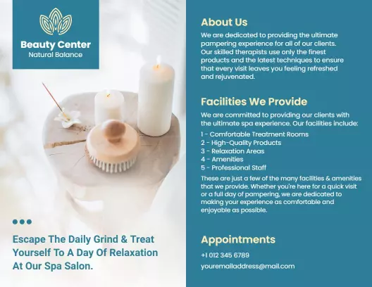 Calming Blue Spa Experience and Relaxation Services Brochure Template