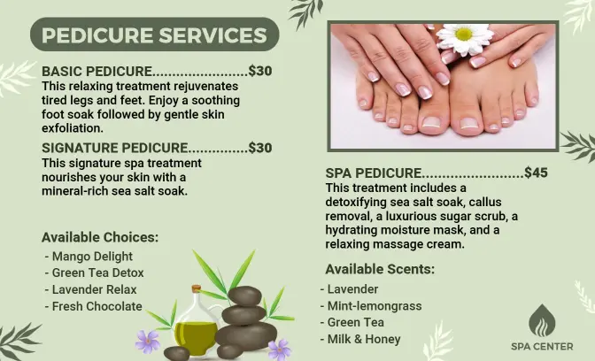 Calming Green Floral Pedicure Services List Menu Template